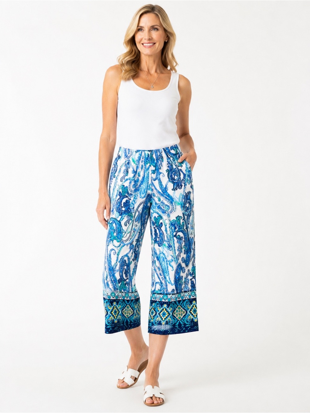 Susan Graver Blue Paisley Border Pull On Crop Pants Petite Small